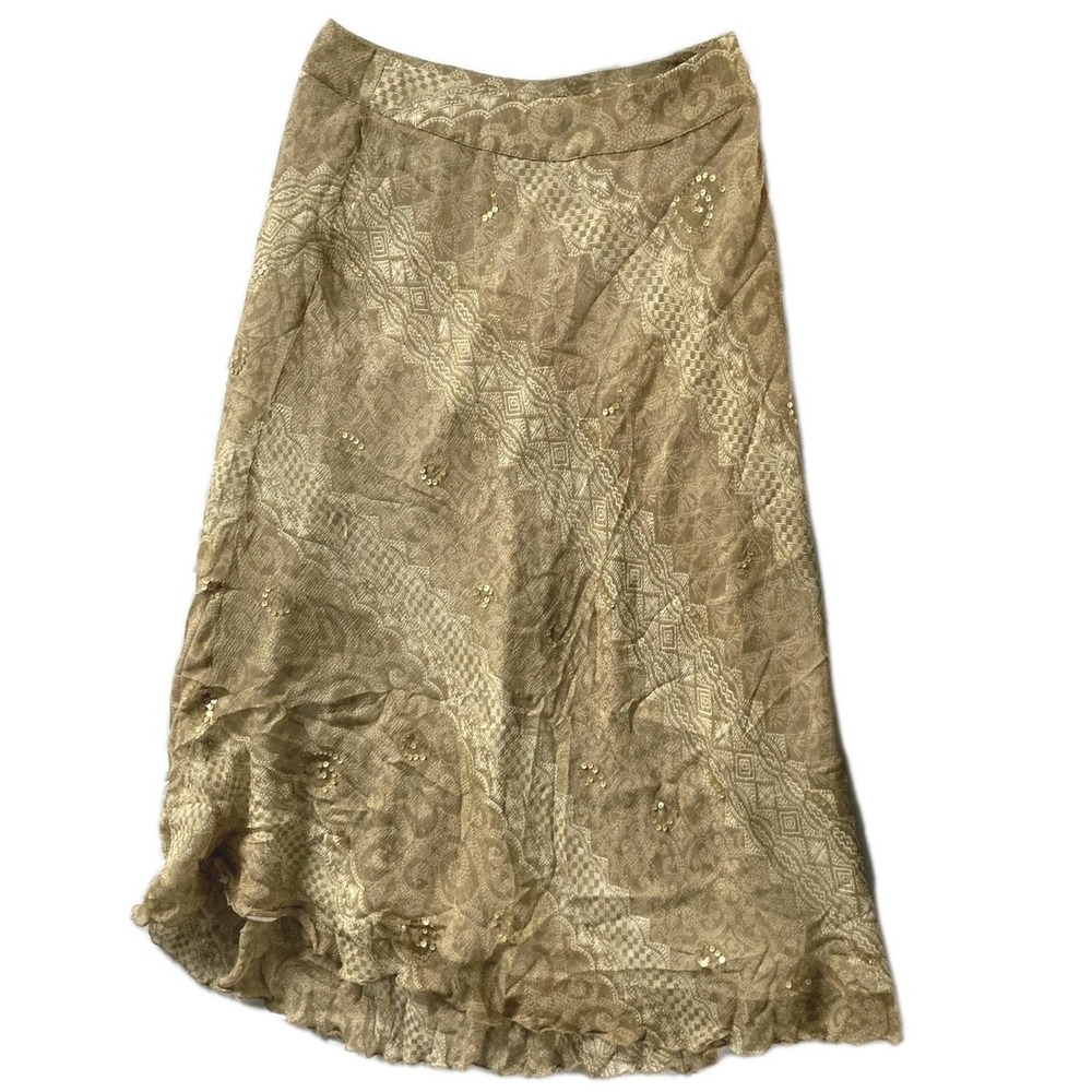 Vtg Laura Ashley Skirt Women 10 Beige Silk Chiffon Sequin Ruffle Maxi Lined EUC